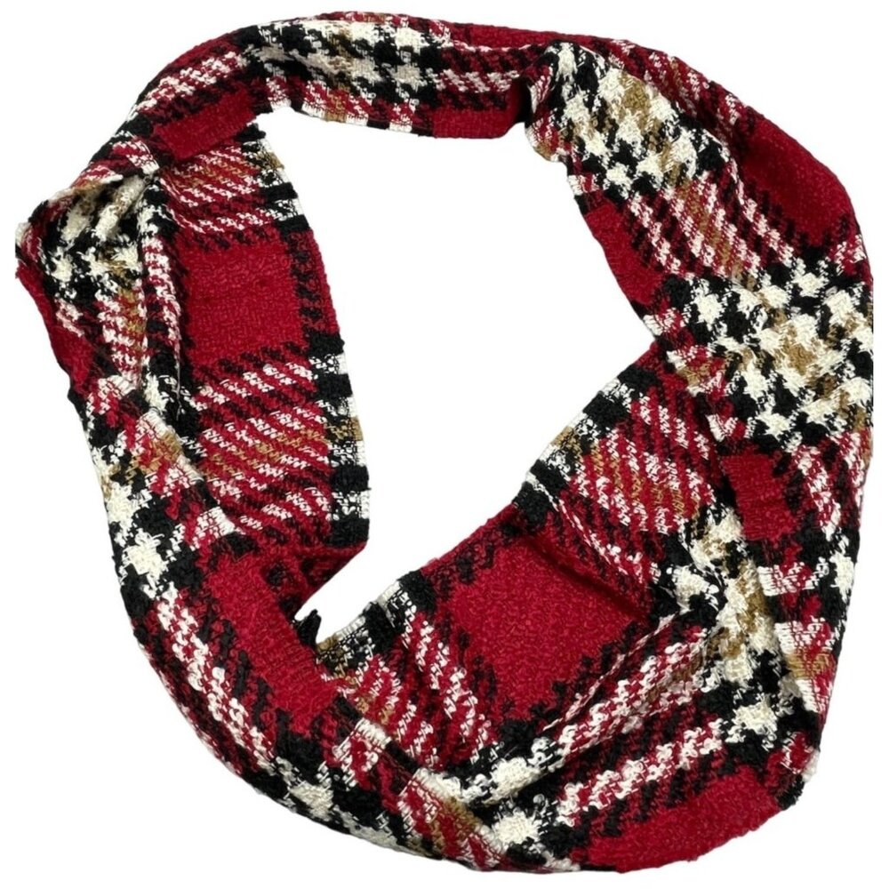 fraas infinity scarf plaid knit acrylic red white 64x9" READ